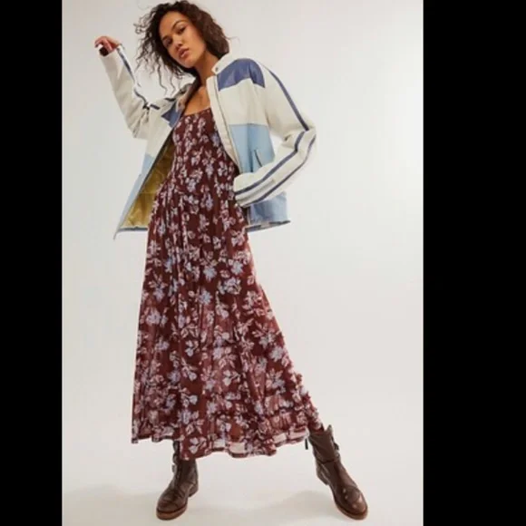 Free People Starlit Nights MIDI Dress Smocked Sheer Slip Floral Medium Med M FP - Picture 7 of 8